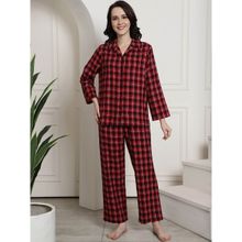 Secret Wish Maroon Checked Cotton Flannel Night Suit (Set of 2)