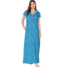Bodycare Womens Combed Cotton V Neck Printed Long Night Dress -BSN10008 Blue