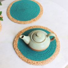 JASMEY HOMES Set of 6 Single Ring Round Jute Placemat-30cm Teal Color Mats