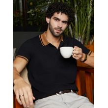 Campus Sutra Mens Onyx Black Cuboid-Stripe Polo T-Shirt