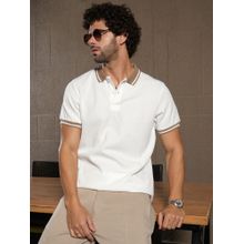 Campus Sutra Mens Cream White Cuboid-Stripe Polo T-Shirt