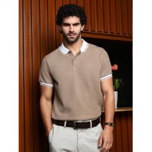 Campus Sutra Mens Sand Beige Cuboid-Stripe Polo T-Shirt
