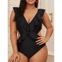 WomanLikeU Black Plus Size Ruffled Monokini