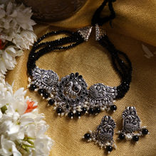 Teejh Darshika Silver Oxidised Pearl And Black Stones Choker Necklace Set