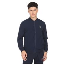 U.S. POLO ASSN. Men Navy Blue Solid Stand Collar Bomber Jacket