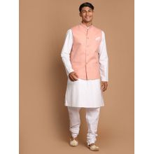 Vastramay Mens Brown and White Pure Cotton Jacket - Kurta and Pyjama (Set of 3)