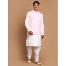 Vastramay Mens Pink and White Pure Cotton Jacket - Kurta and Pyjama (Set of 3)
