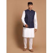 Vastramay Mens Navy Blue and White Pure Cotton Jacket - Kurta and Pyjama (Set of 3)
