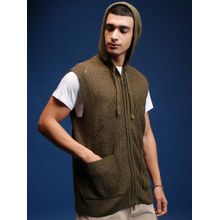 HIGHLANDER Men Green Sleeveless Self Design Hooded Sweater