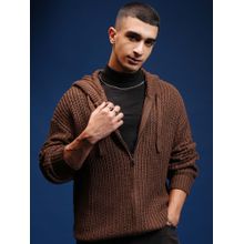 HIGHLANDER Men Brown Self Design Zip Closure Hooded Sweater