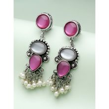 Moedbuille Pink Mirrors and Pearls Studded Oxidised Silver Plated Antique Earrings