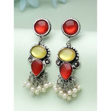 Moedbuille Red Mirrors and Pearls Studded Oxidised Silver Plated Antique Earrings