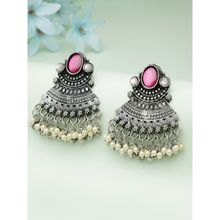 Moedbuille Pink Mirrors and Pearls Studded Oxidised Silver Plated Drop Earrings