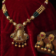 PANASH Gold-plated Red Green Stone-studded Beaded Antique Jewellery Set