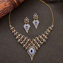 Voylla Peacock Royal Blue and White Cz Cutwork Design Waterfall Jewellery Set