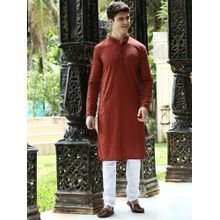 Sanwara Mens Rust Sequins with Chikankari Wedding Kurta with Churidar Pyjamas (Set of 2)