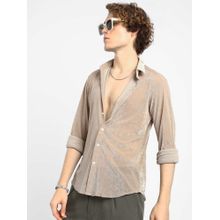 Campus Sutra Mens Sand Beige Solid Velvet Shirt