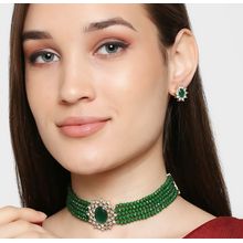 Fabula Green Beads & American Diamond Choker Necklace Set With Matching Earrings