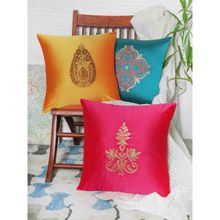 Zeba World Cushion Cover Cotton Aari with Hand Embroidery and Border Floral Multicolor (Pack of 3) (16x16 inches)