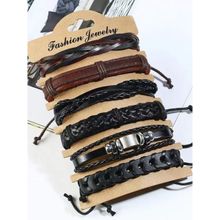 OOMPH Combo of 6 Black & Brown Braided Leather Wrap Around Adjustable Bracelet