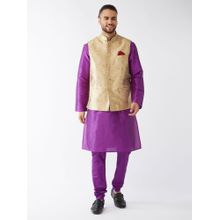 Vastramay Mens Rose Gold with Purple Silk Blend Jacket Kurta and Pyjama (Set of 3)