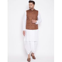 Vastramay Mens Coffee with White Cotton Blend Jacket Kurta and Dhoti (Set of 3)