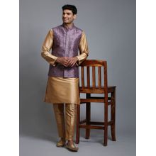 Vastramay Mens Purple with Rose Gold Silk Blend Jacket Kurta and Pyjama (Set of 3)