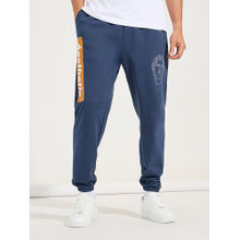 Styli Men Navy Blue Oversized Fit Graphic Printed Joggers with Slant Pocket