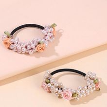 OOMPH Pink and Peach Satin Rose with Pearls Rubber Band Hair Tie