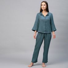 Chemistry Crinkle Double Crepe Cotton Lounge W Embroidered Collar-Blue (Set of 2)