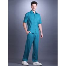 CHKOKKO Men Teal Solid Collar Neck Summer Co-Ord (Set of 2)