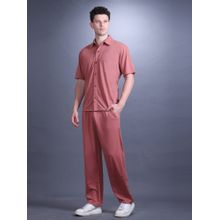 CHKOKKO Men Pink Solid Collar Neck Summer Co-Ord (Set of 2)