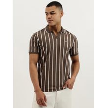 United Colors of Benetton Brown Regular Fit Johny Collar Vertical Stripes Jersey Polo T-shirt