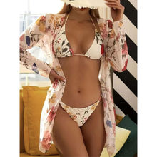 WomanLikeU Beige Floral Low Cut Bikini Top Bikini Bottom with Shrug (Set of 3)