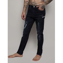 Campus Sutra Mens Dark Wash Distressed Denim Jeans With Embroidered Details