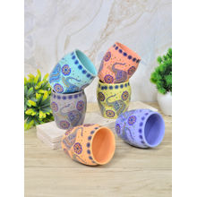 FABINALIV Multi-Color Motifs Handcrafted Ceramics Glossy Kulhads (Pack Of 6)