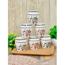 FABINALIV White Graphic Handcrafted Ceramics Glossy Kulhads (Pack Of 6)