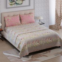 Layers Ivy Collection 125 GSM Grey and Pink Floral Double Flat Bedsheet Set (Queen)