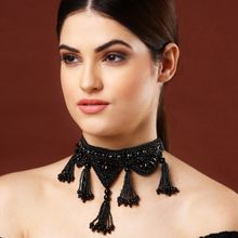 Moedbuille Pearls Beads & CZ Studded Embroidered Tasselled Design Handcrafted Choker Necklace