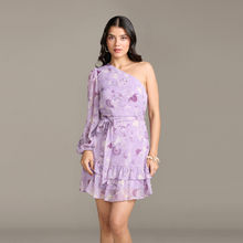Twenty Dresses by Nykaa Fashion Lilac Floral One Shoulder Dress with Belt (Set of 2)