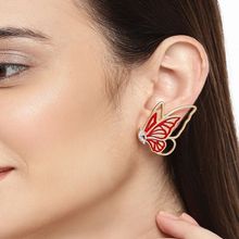 OOMPH Matte Gold Large Red Enamel Butterfly Ear Stud Earrings