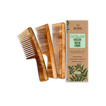 Nat Habit Oil Treated Kacchi Neem Handmade Wooden Comb - Dual + Wide + Fine Tooth Daily Need Combo