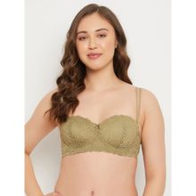 Clovia Lace Lightly Padded Full Cup Underwired Balconette Bra - Green