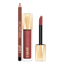 Lakme Glitterati Lip Glaze, High Shine Lip Plumper Lip Gloss & Lip Liner Combo - Nudes
