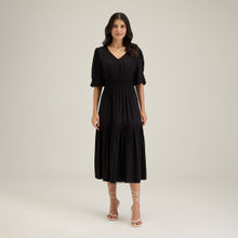 Twenty Dresses by Nykaa Fashion Black V Neck Three Fourth Sleeves Solid Midi Dress