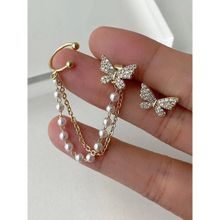 Jewels Galaxy Gold Plated Fashionable Korean Butterfly Pearl Mismatch Earrings