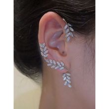 Jewels Galaxy Silver Plated Korean Ear Cuffs With Leaf Theme Stud Earrings
