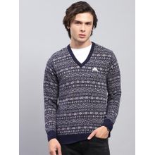 Monte Carlo Mens Navy Blue Floral Design V Neck Full Sleeves Sweater