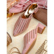 NR BY NIDHI RATHI Pink Mirror Embellised Block Mules Heels