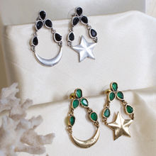 Ayesha Set Of 2 Metallic Drop Star & Moon Earrings With Jewels